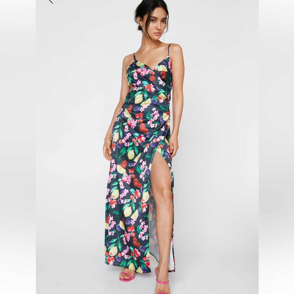 Satin Fruit Maxi Wrap Dress